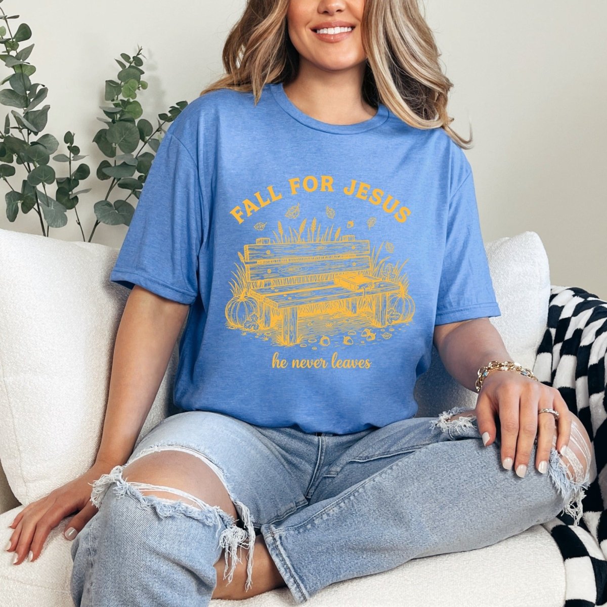 Fall For Jesus He Never Leaves | Autumn Faith Tee - Luckets.com