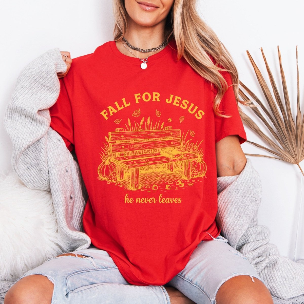 Fall For Jesus He Never Leaves | Autumn Faith Tee - Luckets.com