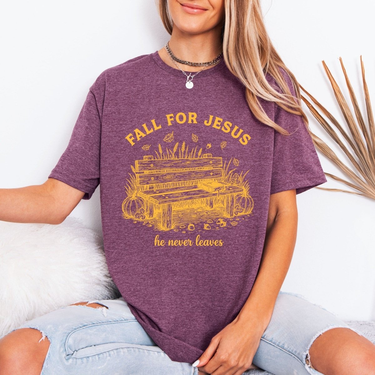 Fall For Jesus He Never Leaves | Autumn Faith Tee - Luckets.com