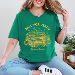 Fall For Jesus He Never Leaves | Autumn Faith Tee - Luckets.com