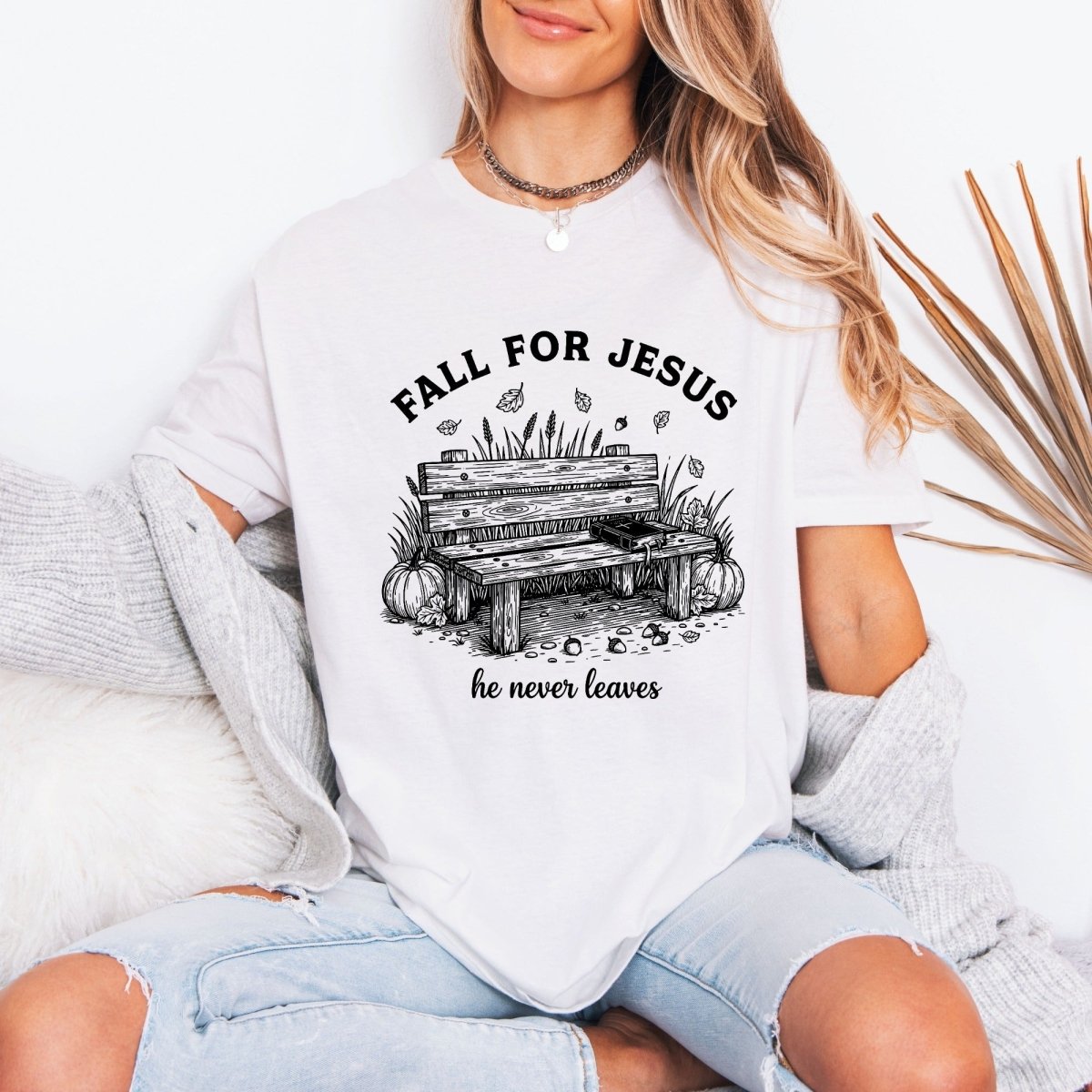 Fall For Jesus He Never Leaves | Autumn Faith Tee - Luckets.com