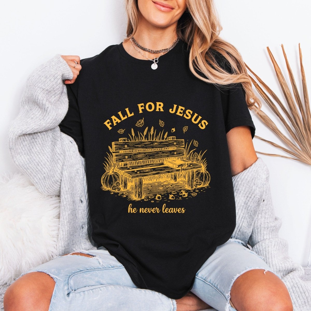 Fall For Jesus He Never Leaves | Autumn Faith Tee - Luckets.com