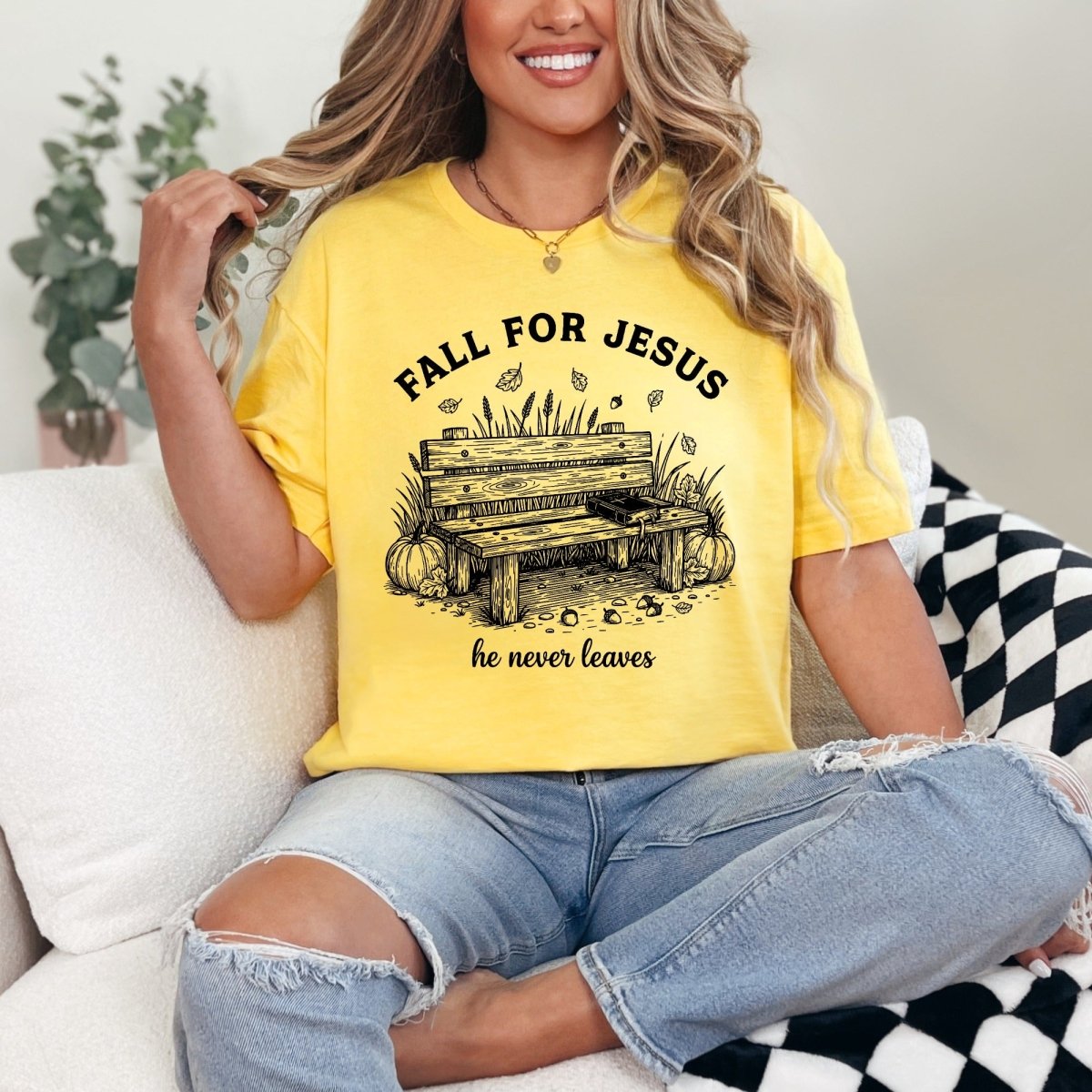 Fall For Jesus He Never Leaves | Autumn Faith Tee - Luckets.com