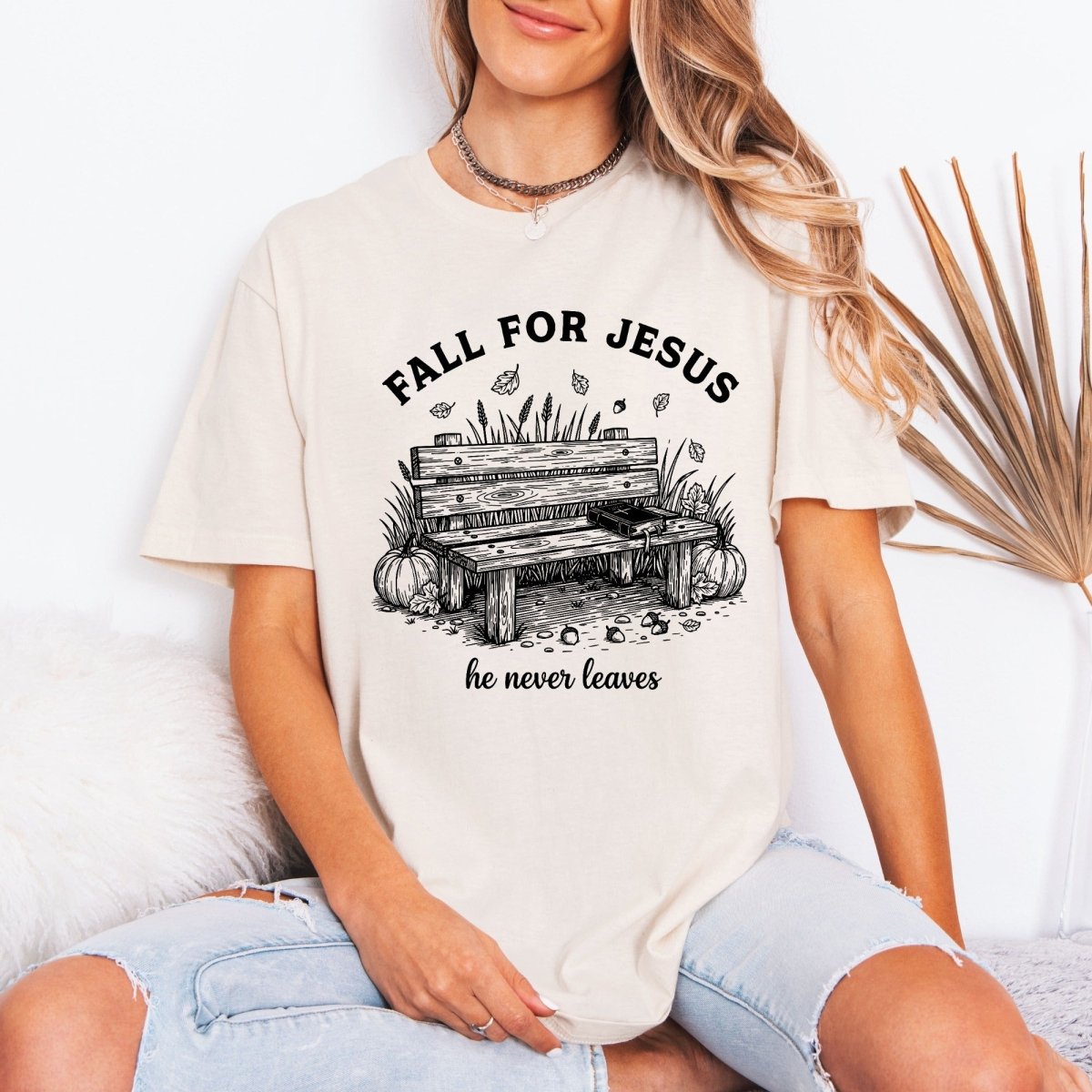 Fall For Jesus He Never Leaves | Autumn Faith Tee - Luckets.com