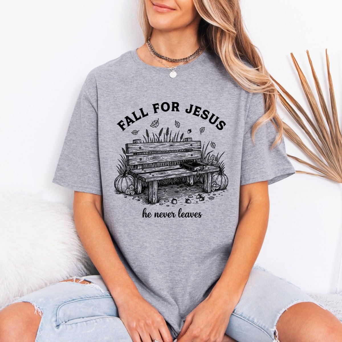 Fall For Jesus He Never Leaves | Autumn Faith Tee - Luckets.com