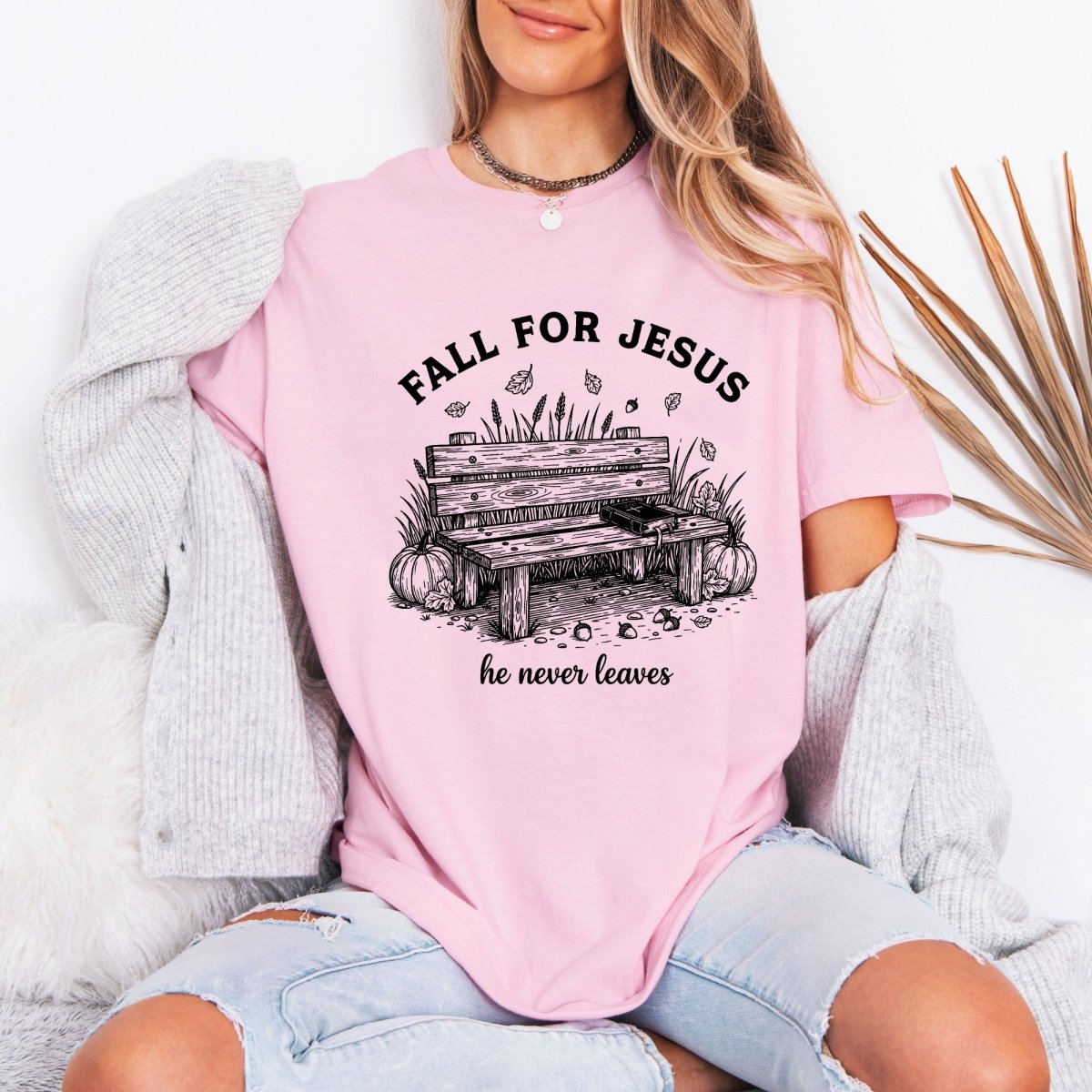 Fall For Jesus He Never Leaves | Autumn Faith Tee - Luckets.com