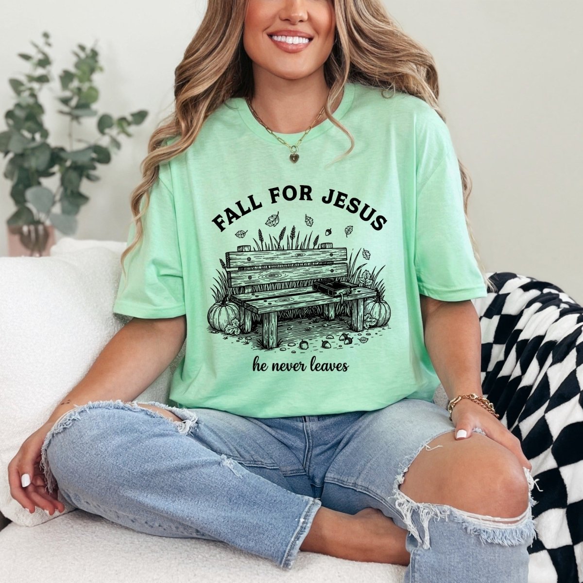 Fall For Jesus He Never Leaves | Autumn Faith Tee - Luckets.com