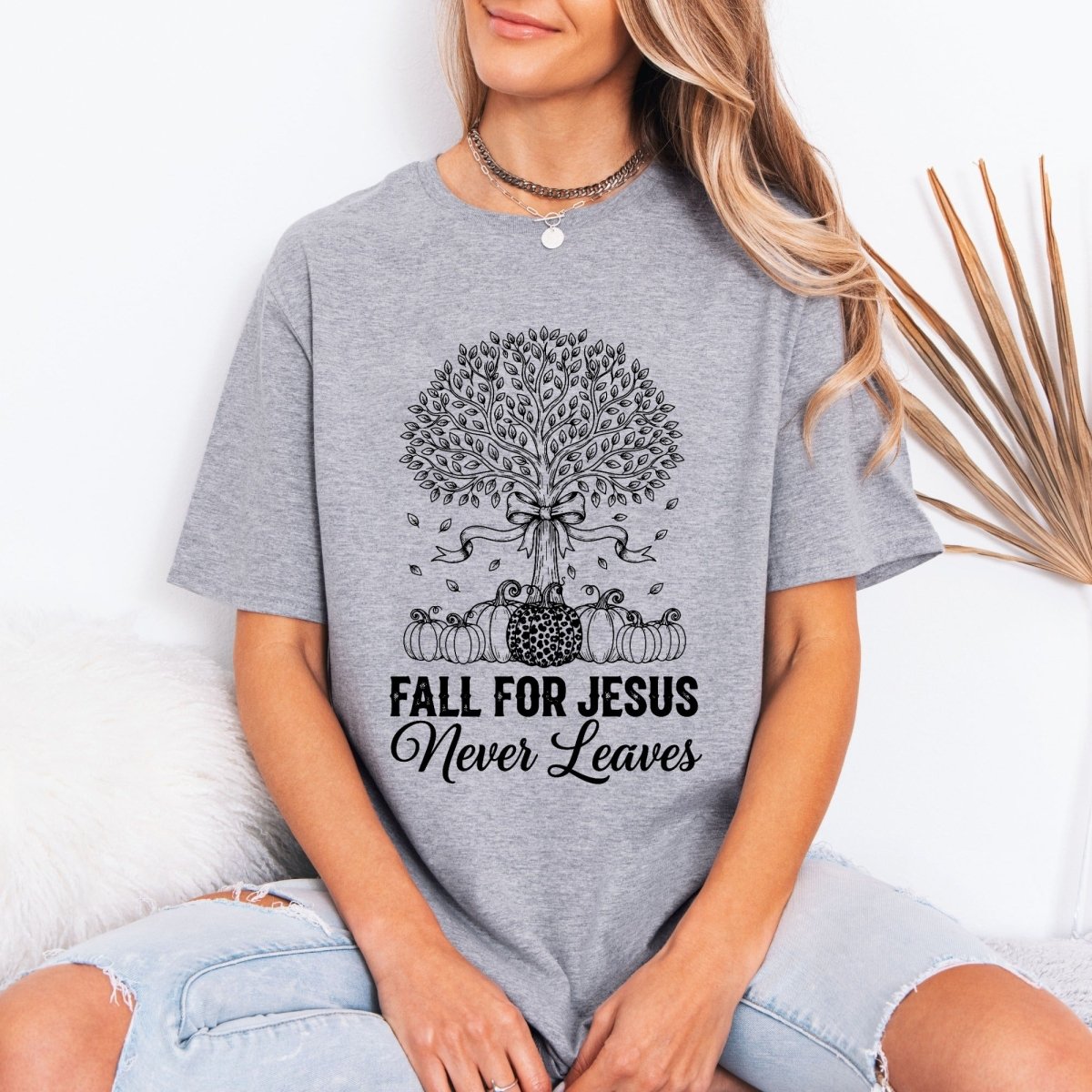 Fall For Jesus Never Leaves | Autumn Faith Tree Tee - Luckets.com
