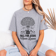 Fall For Jesus Never Leaves | Autumn Faith Tree Tee - Luckets.com