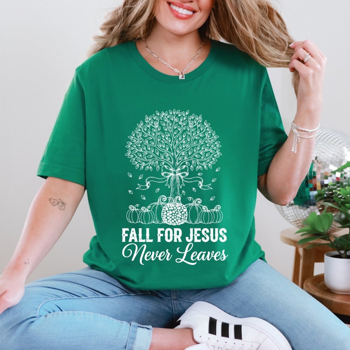 Fall For Jesus Never Leaves | Autumn Faith Tree Tee - Luckets.com