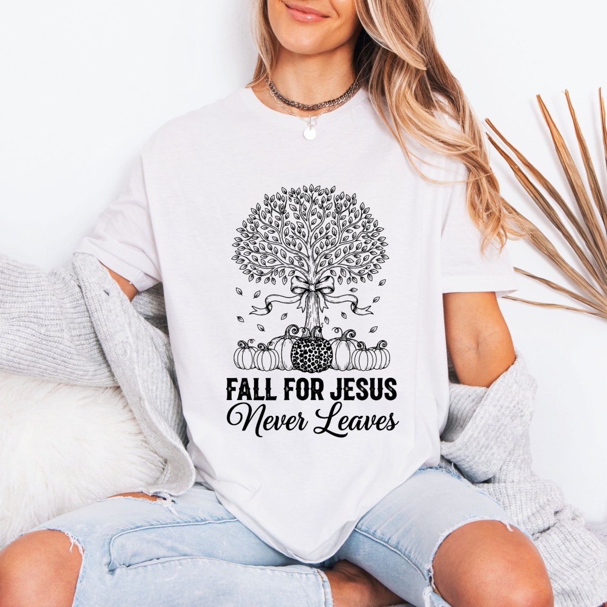 Fall For Jesus Never Leaves | Autumn Faith Tree Tee - Luckets.com