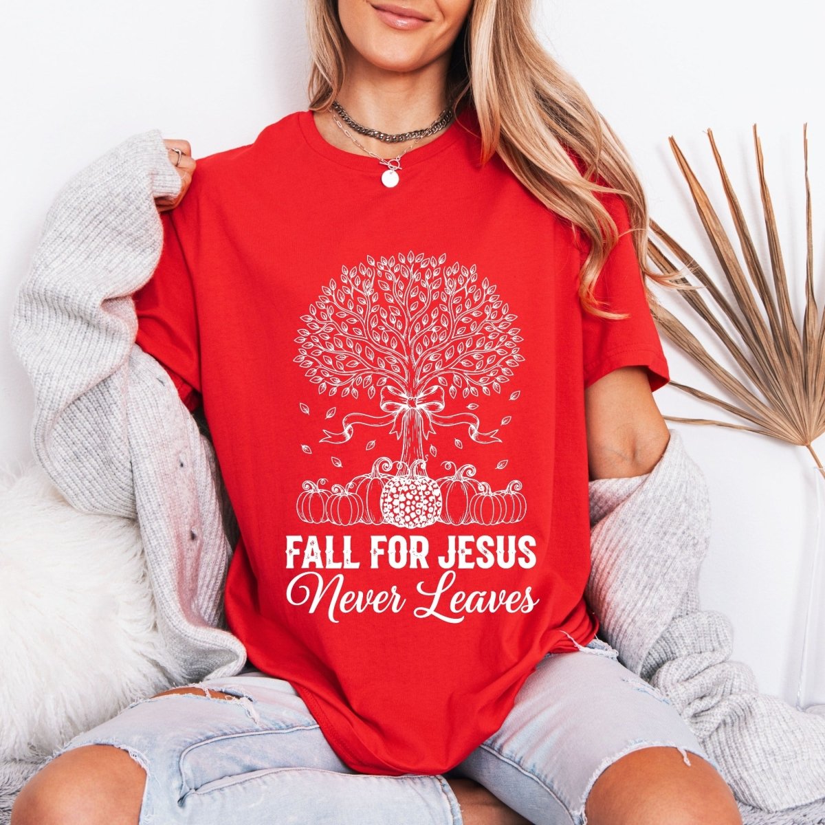 Fall For Jesus Never Leaves | Autumn Faith Tree Tee - Luckets.com