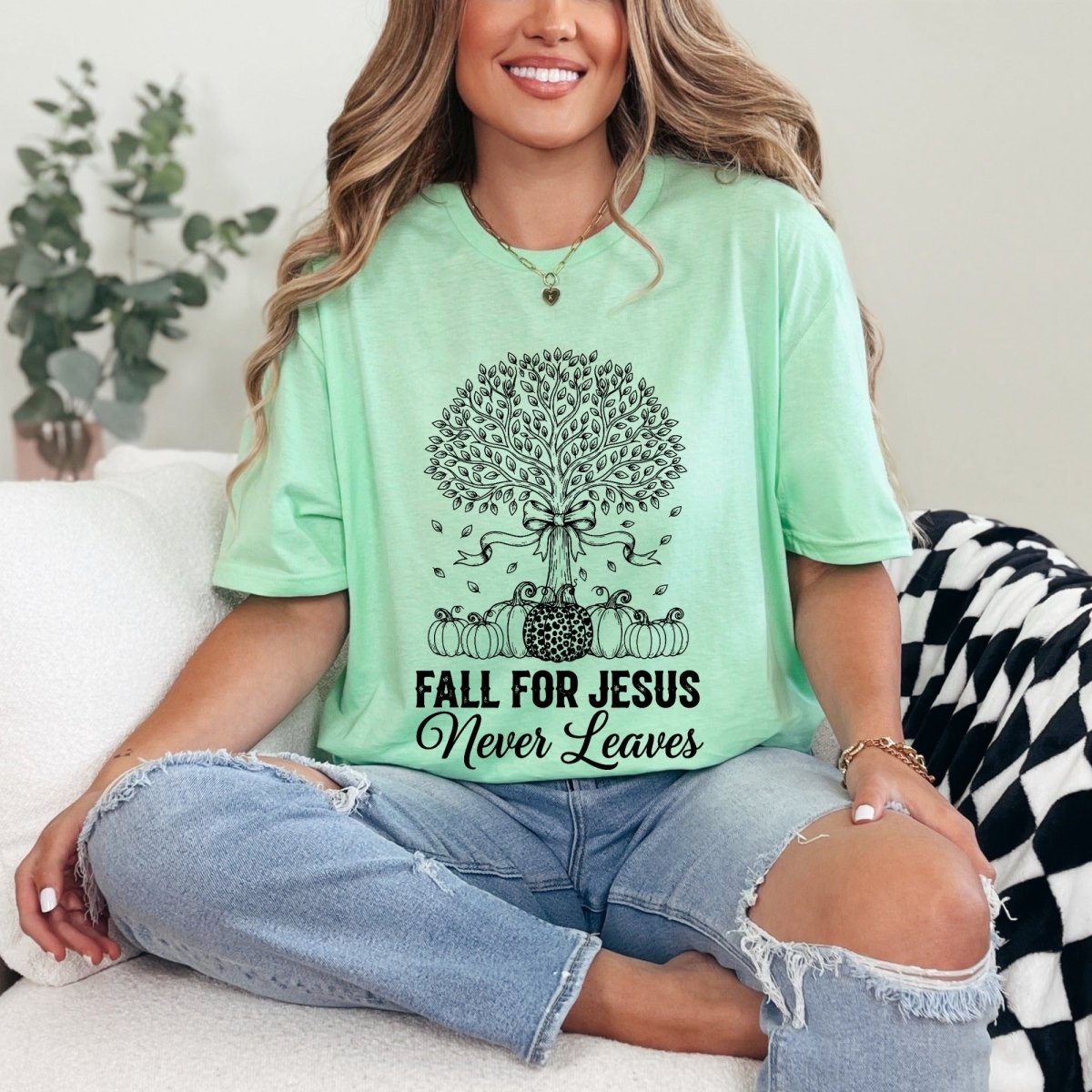 Fall For Jesus Never Leaves | Autumn Faith Tree Tee - Luckets.com