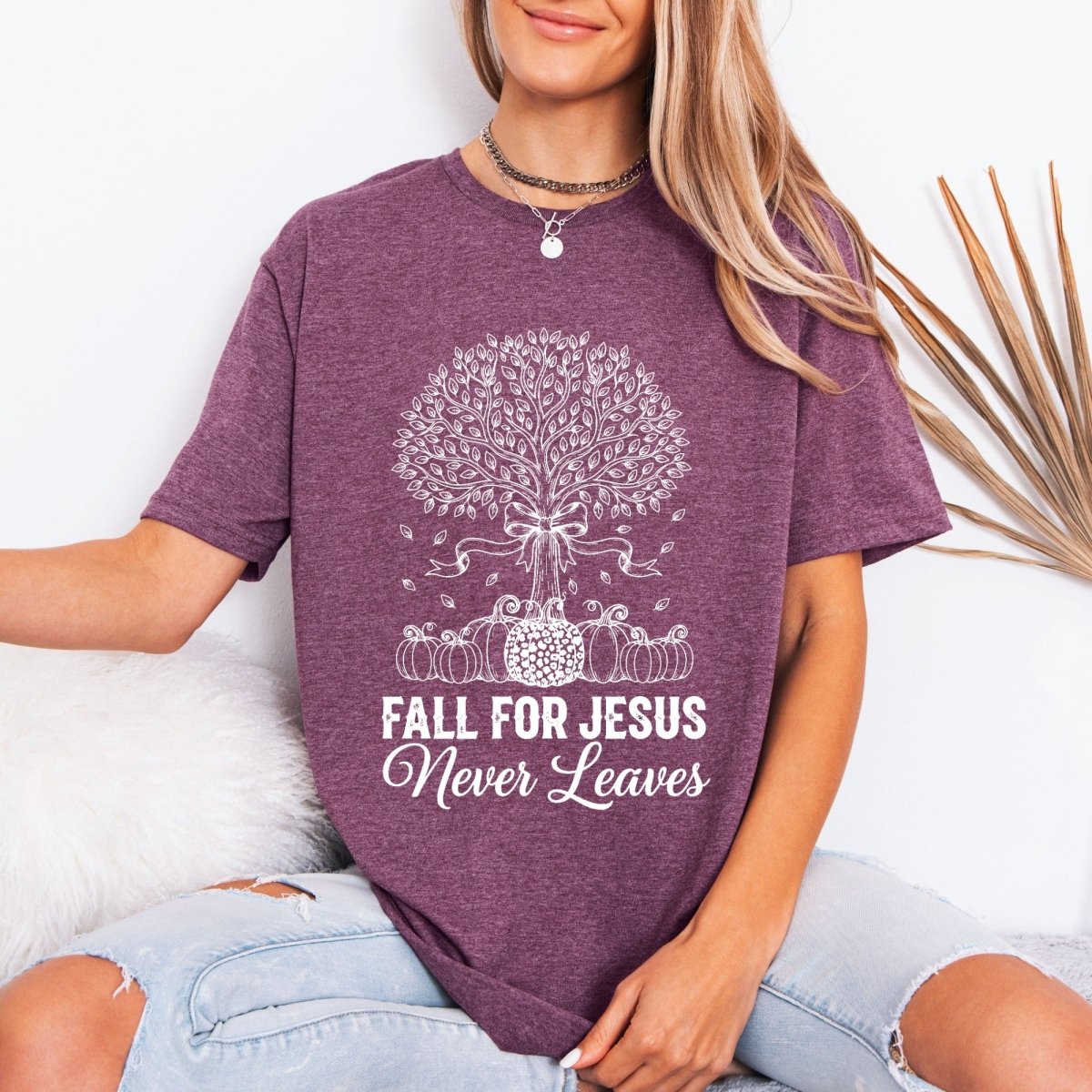 Fall For Jesus Never Leaves | Autumn Faith Tree Tee - Luckets.com