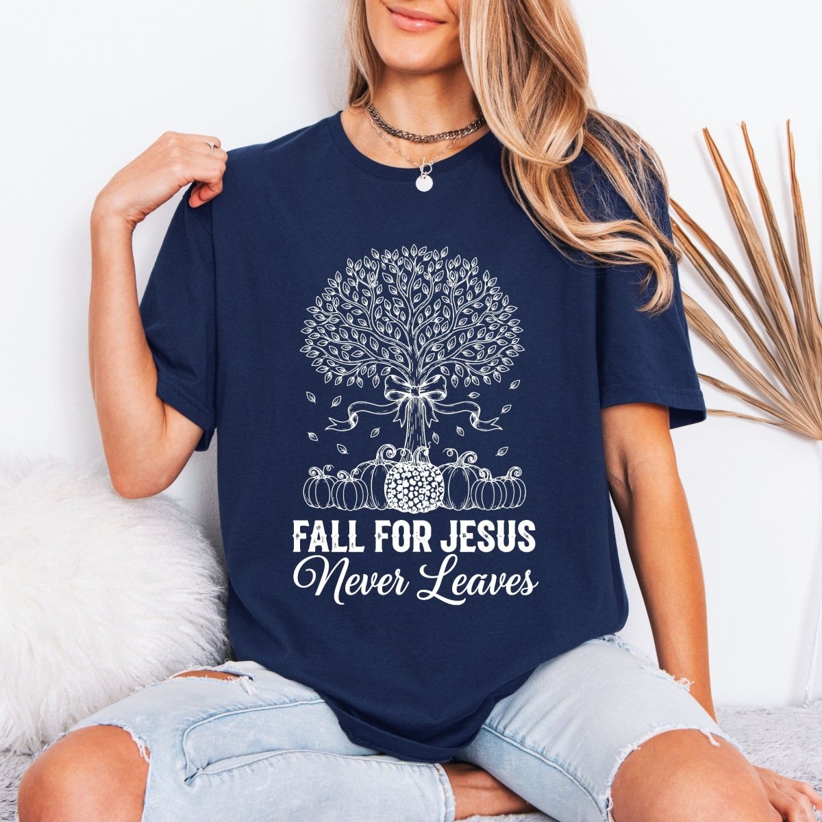 Fall For Jesus Never Leaves | Autumn Faith Tree Tee - Luckets.com