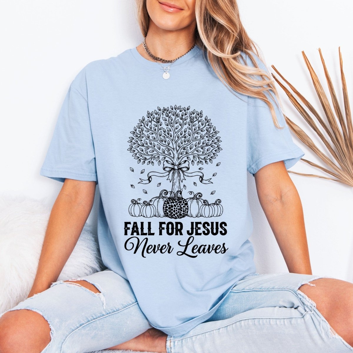 Fall For Jesus Never Leaves | Autumn Faith Tree Tee - Luckets.com