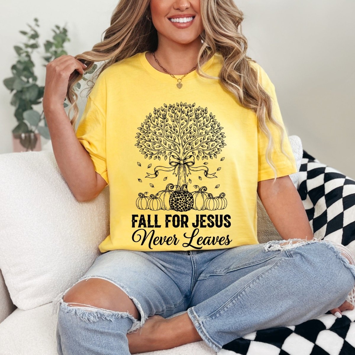 Fall For Jesus Never Leaves | Autumn Faith Tree Tee - Luckets.com