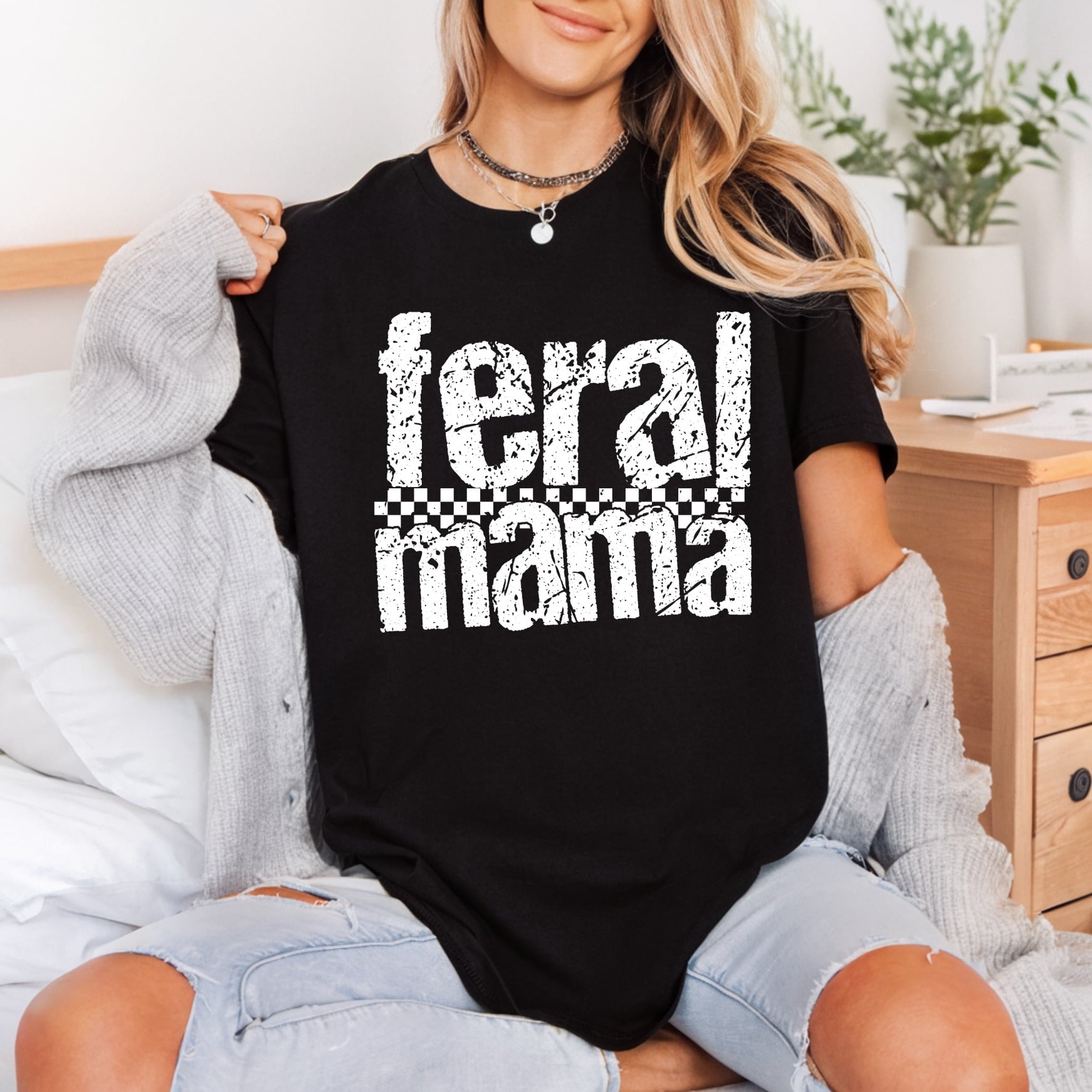 Feral Mama Distressed Chequered Mom Funny Ready to Press DTF Transfer for Dtf