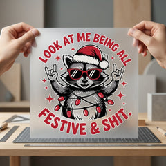 Festive Racoon Rocker Holiday Christmas Funny Ready to Press DTF Transfer for Dtf
