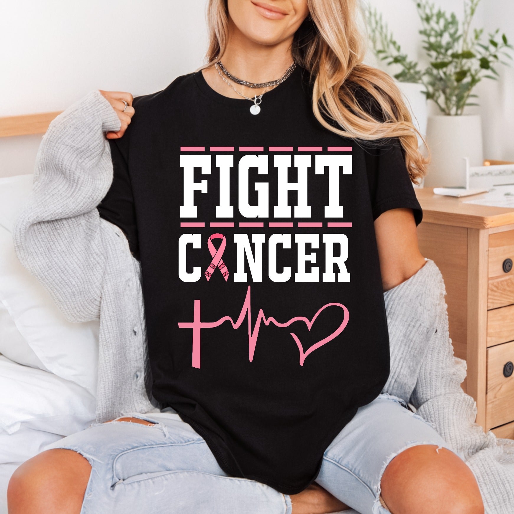 Fight Cancer Pink Ribbon Christian Faith Ready to Press DTF Transfer for Dtf