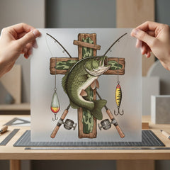 Fishing Bass Cross Rustic Christian Faith Ready to Press DTF Transfer for Dtf