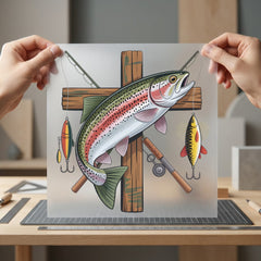 Fishing Cross Trout Angler Christian Fishing Ready to Press DTF Transfer for Dtf