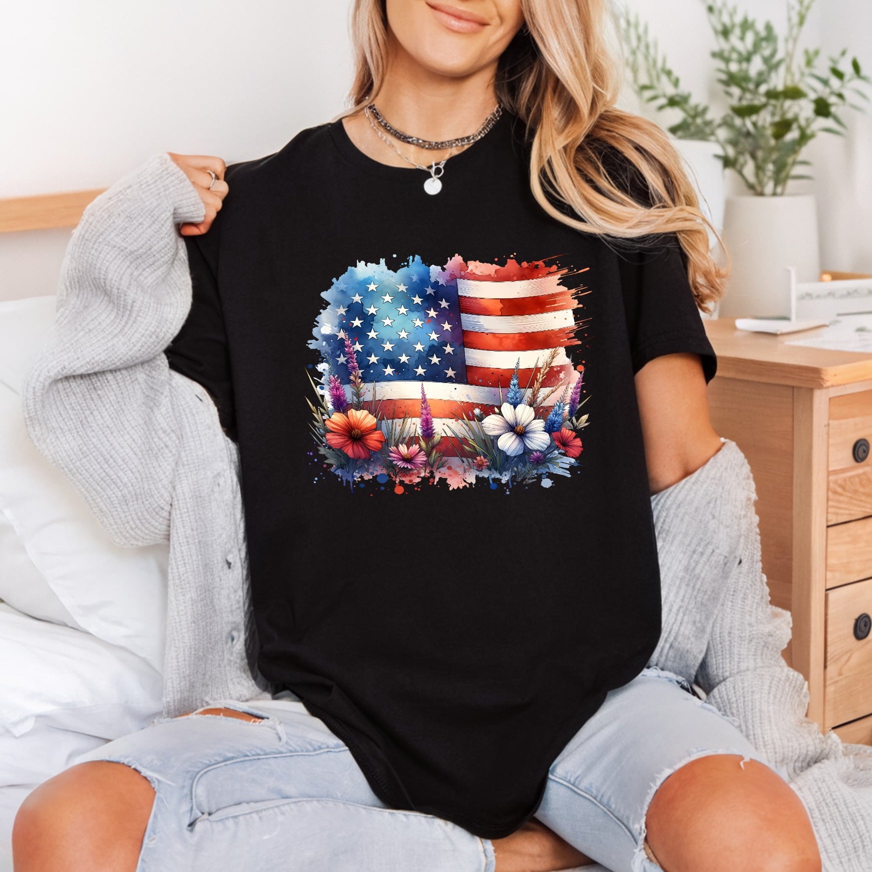 Floral America Flag Watercolor 4th Of July Usa Ready to Press DTF Transfer for Dtf