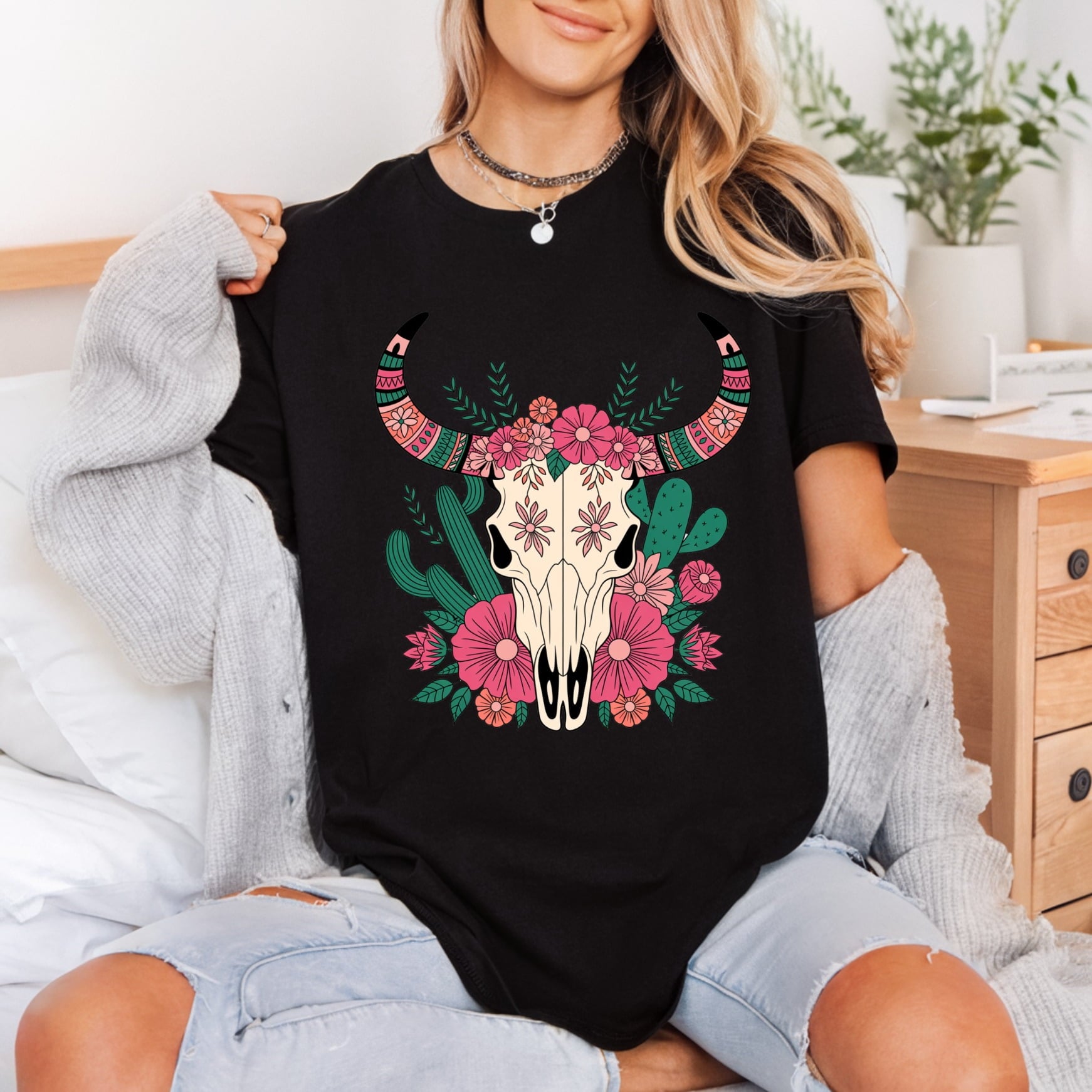 Floral Boho Bull Skull Boho Western Ready to Press DTF Transfer for Dtf