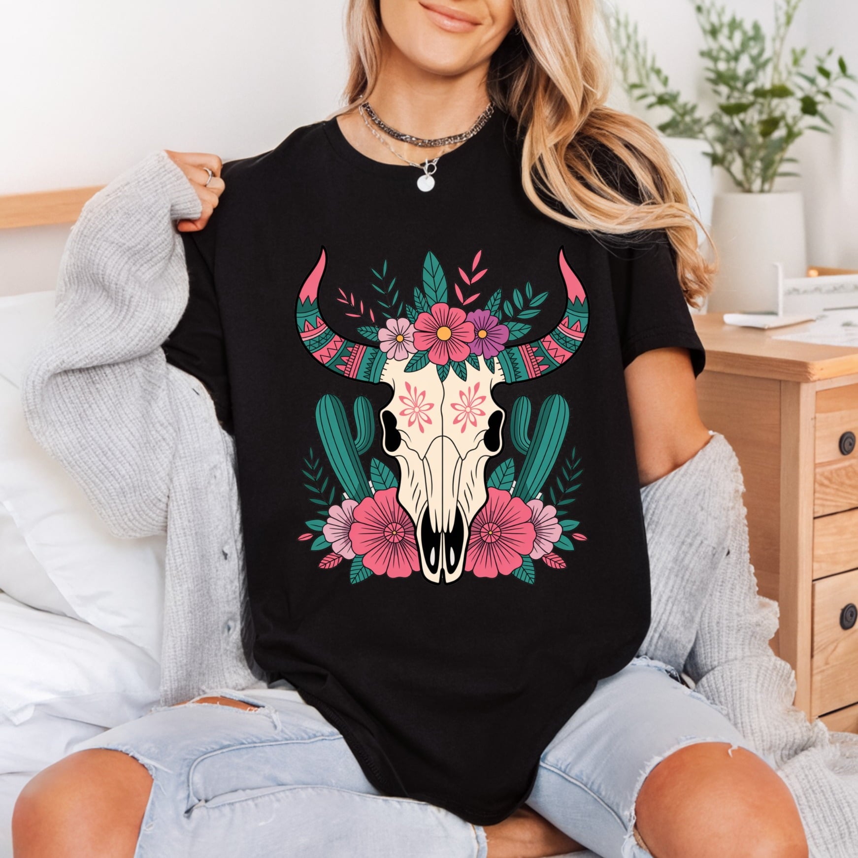 Floral Boho Bull Skull Boho Western Ready to Press DTF Transfer for Dtf