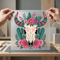 Floral Boho Bull Skull Boho Western Ready to Press DTF Transfer for Dtf