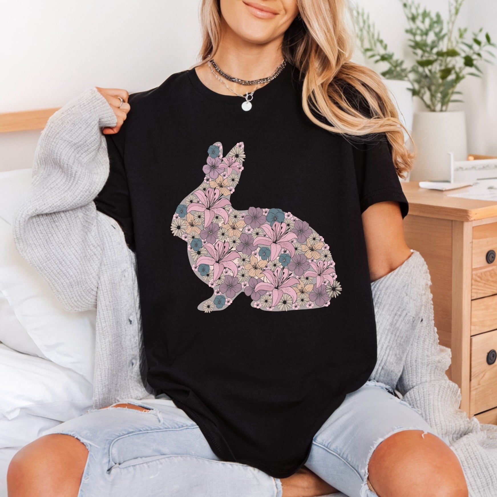 Floral Bunny Silhouette Boho Easter Boho Ready to Press DTF Transfer for Dtf