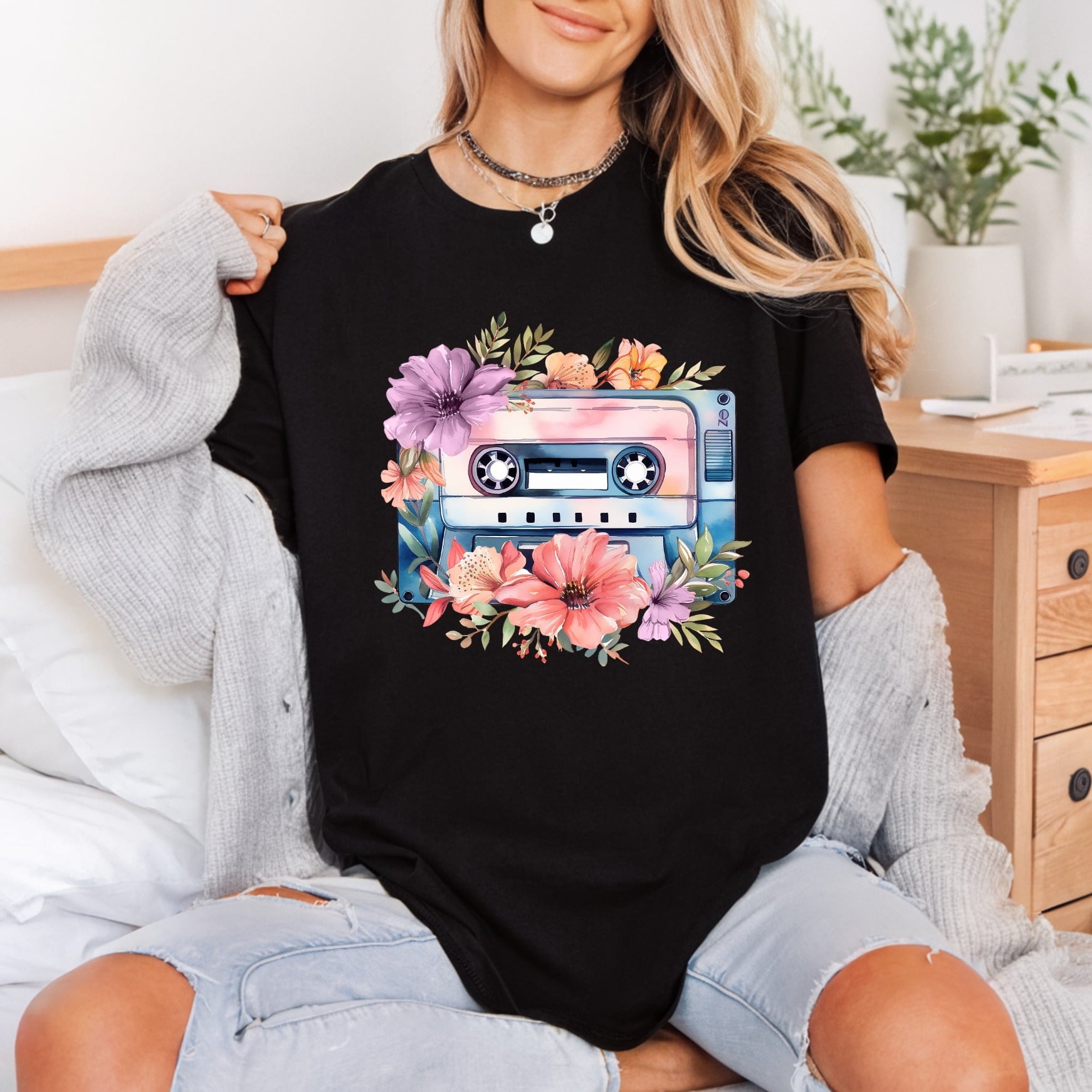 Floral Cassette Tape Retro Vintage Retro Ready to Press DTF Transfer for Dtf