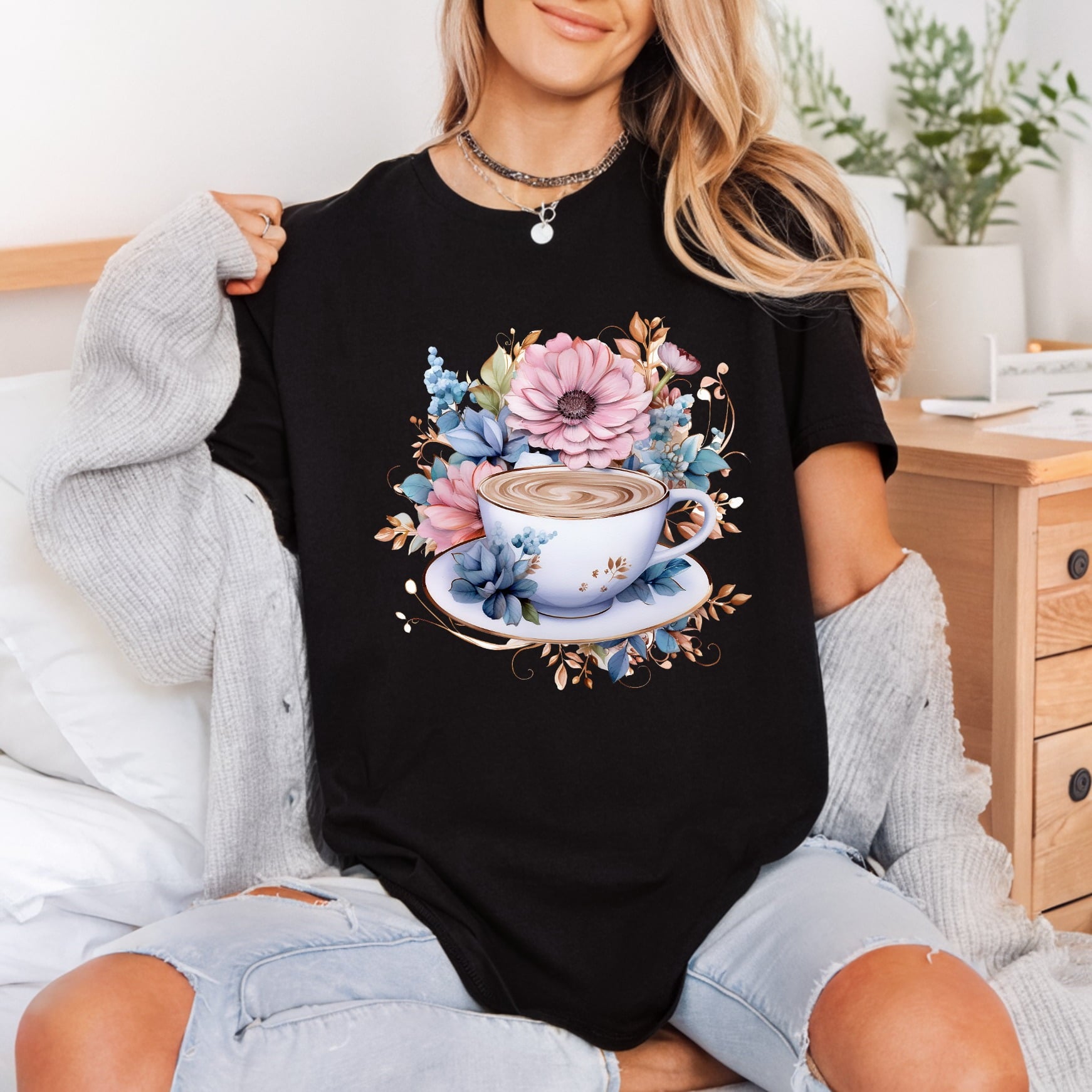 Floral Coffee Cup Vintage Floral Ready to Press DTF Transfer for Dtf