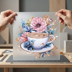 Floral Coffee Cup Vintage Floral Ready to Press DTF Transfer for Dtf
