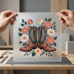 Floral Cowboy Boots Western Usa Boho Ready to Press DTF Transfer for Dtf