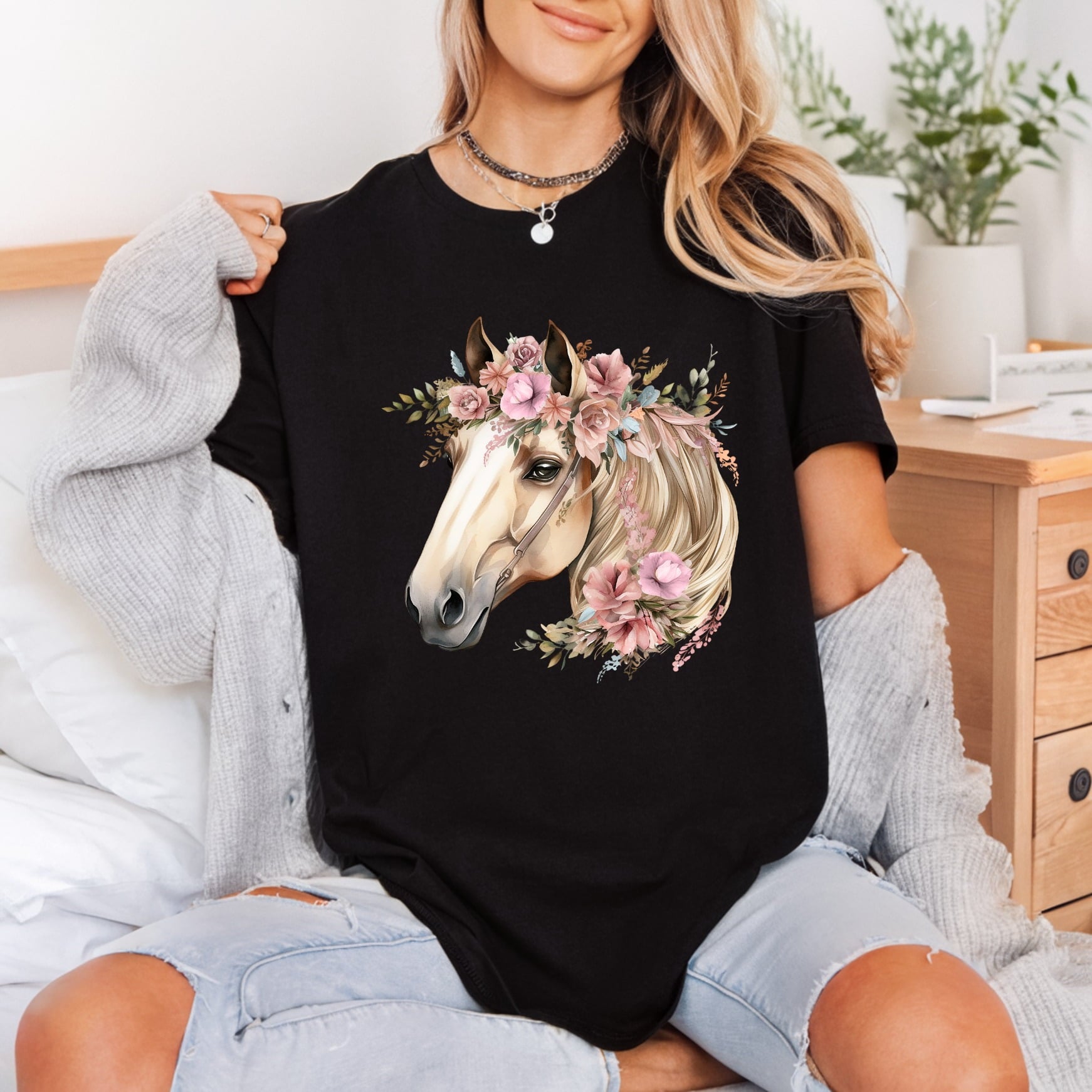 Floral Horse Head Elegant Boho Aesthetic Ready to Press DTF Transfer for Dtf