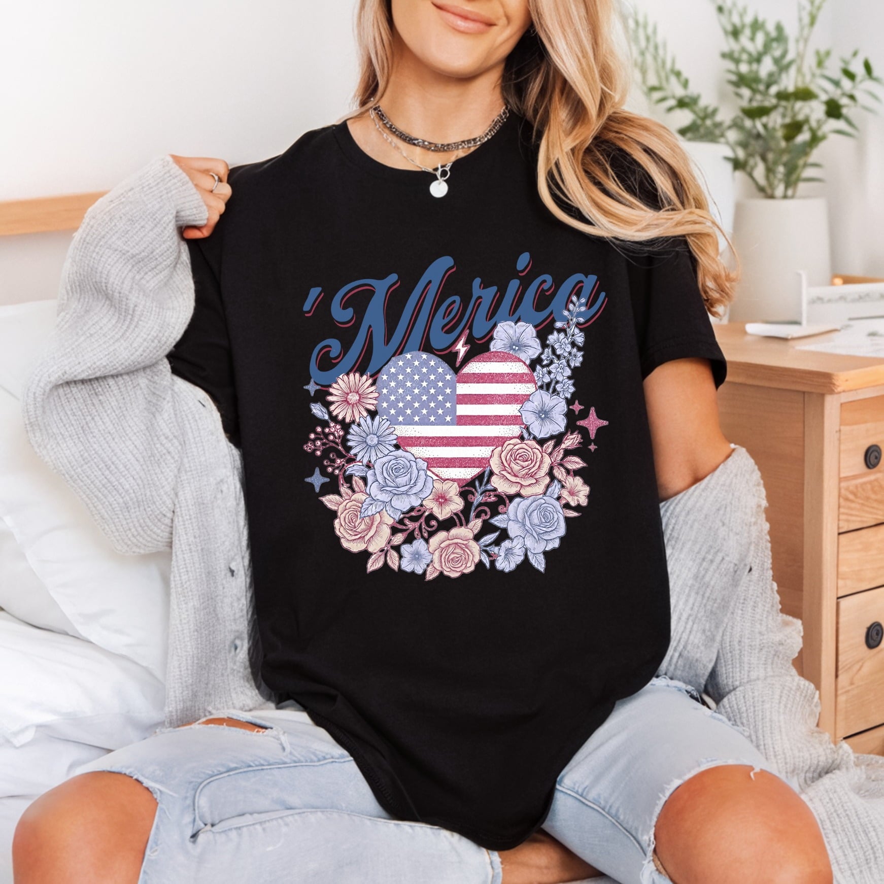 Floral Merica Patriotic Diy 4th Of July Patriotic Ready to Press DTF Transfer for Dtf