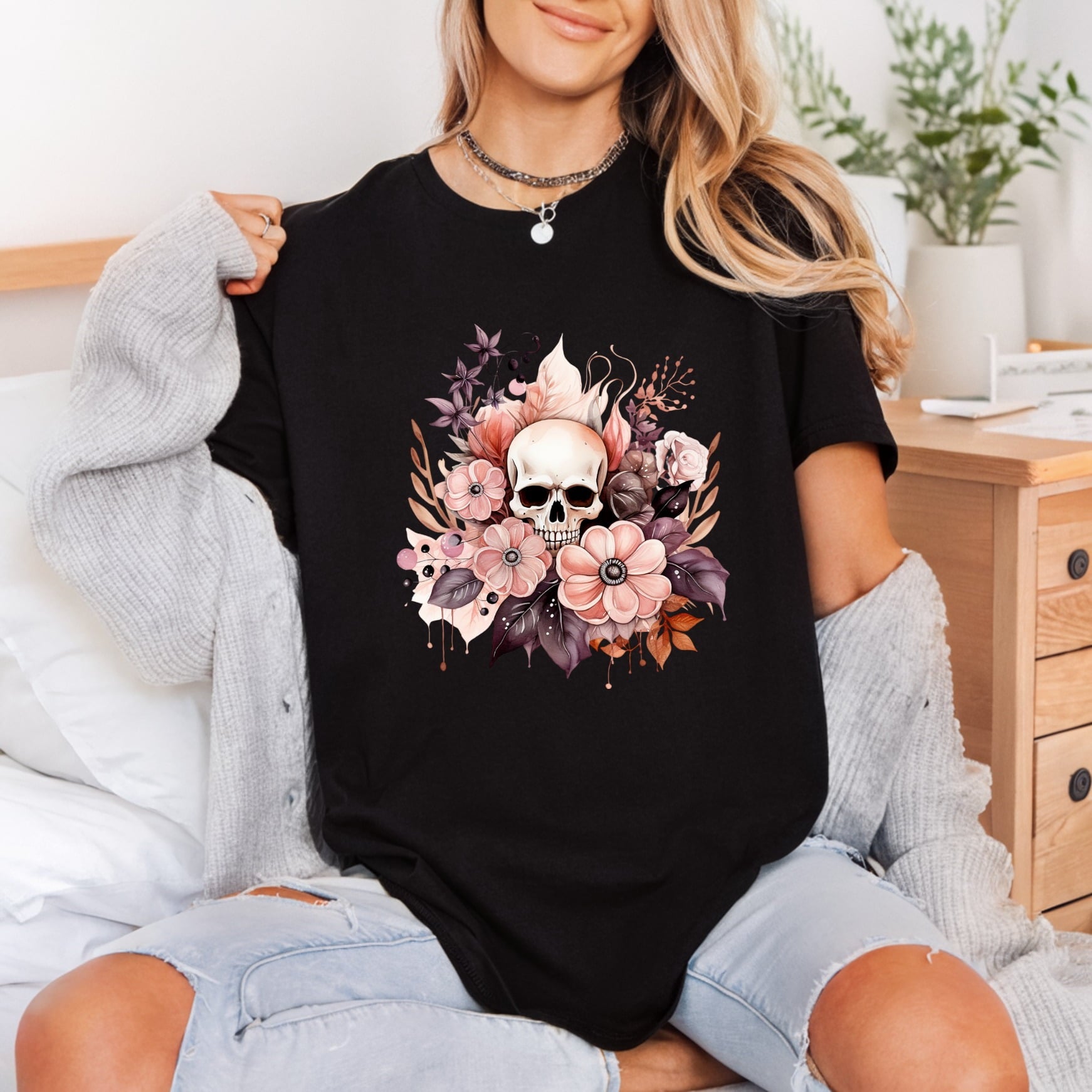 Floral Skull Art Boho Halloween Boho Ready to Press DTF Transfer for Dtf