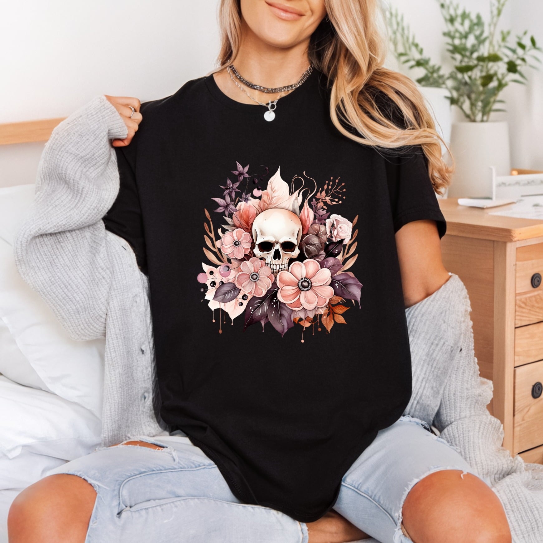 Floral Skull Art Boho Halloween Boho Ready to Press DTF Transfer for Dtf