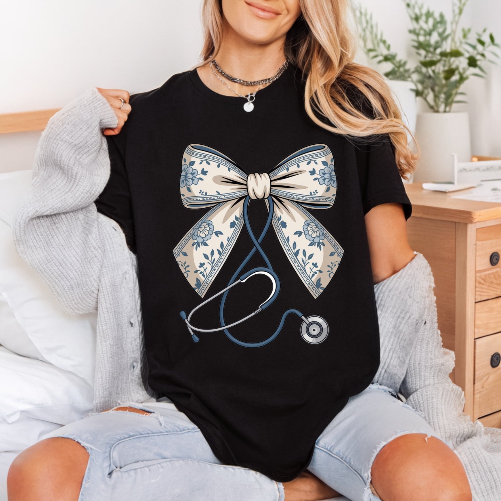 Floral Stethoscope Bow Nurse Nurse Vintage Ready to Press DTF Transfer for Dtf