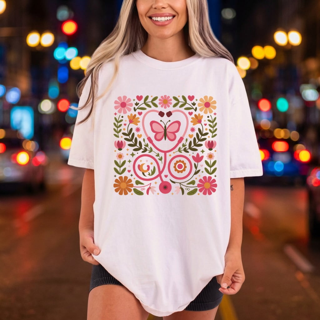 Floral Stethoscope Butterfly Nurse Nurse Floral Ready to Press DTF Transfer for Dtf