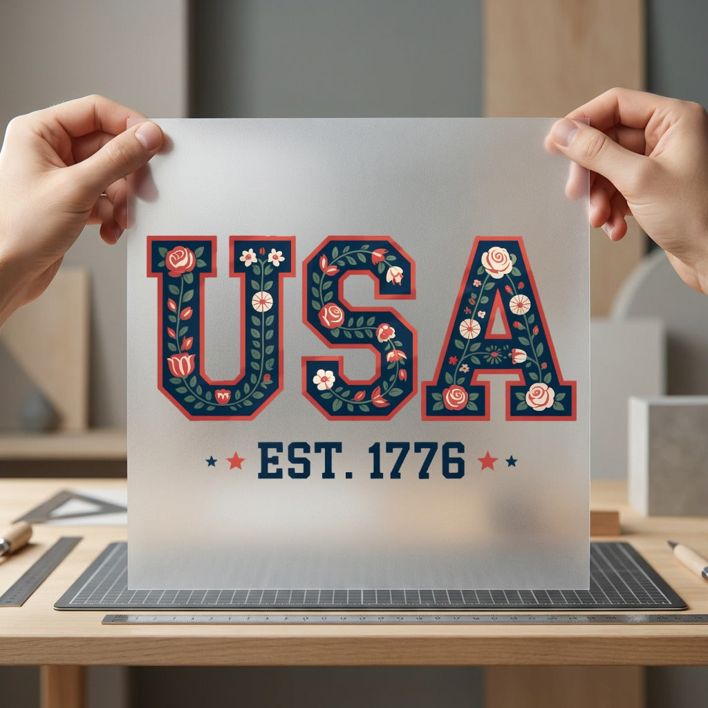 Floral Usa Est Patriotic 4th Of July Patriotic Ready to Press DTF Transfer for Dtf