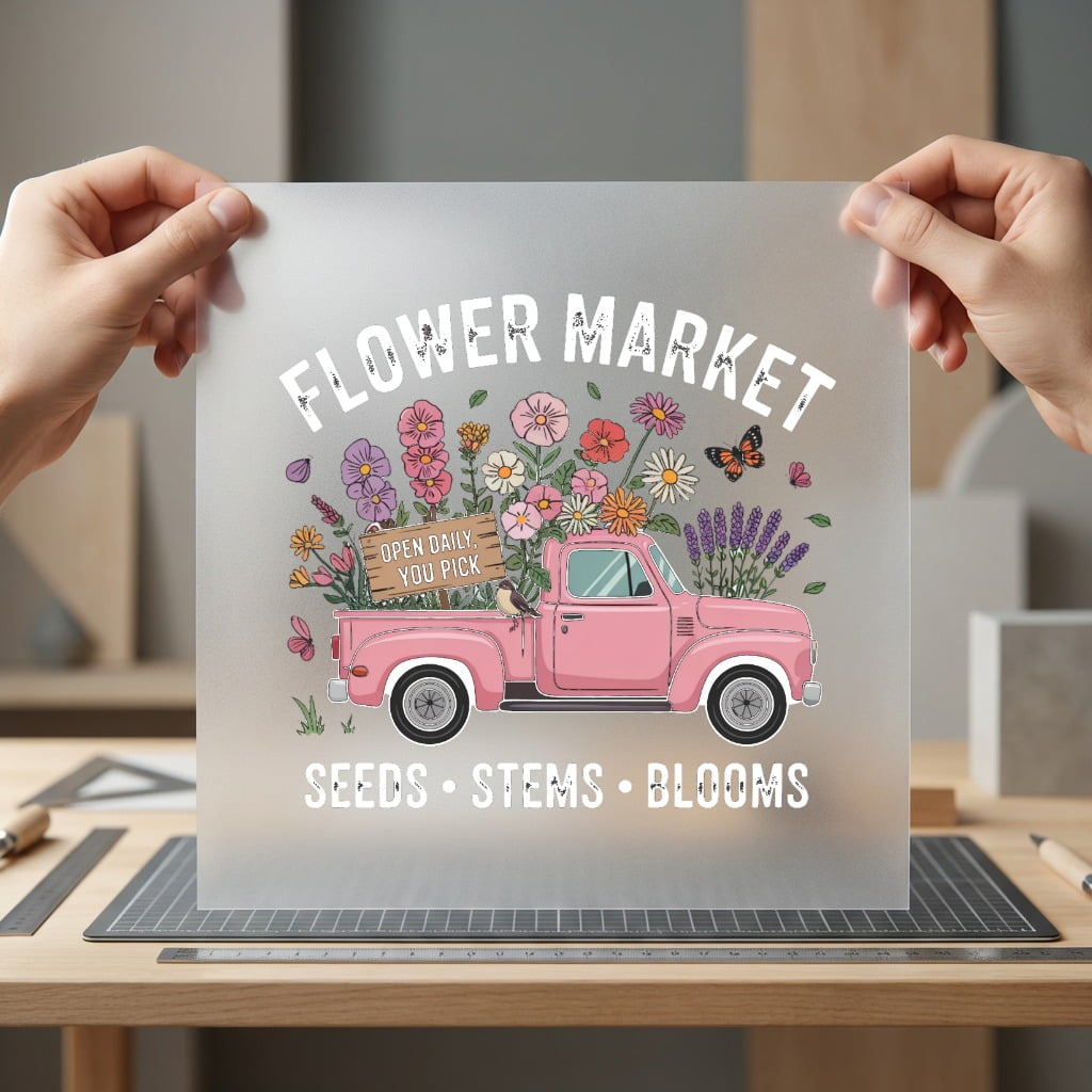 Flower Market Pink Truck Vintage Retro Ready to Press DTF Transfer for Dtf