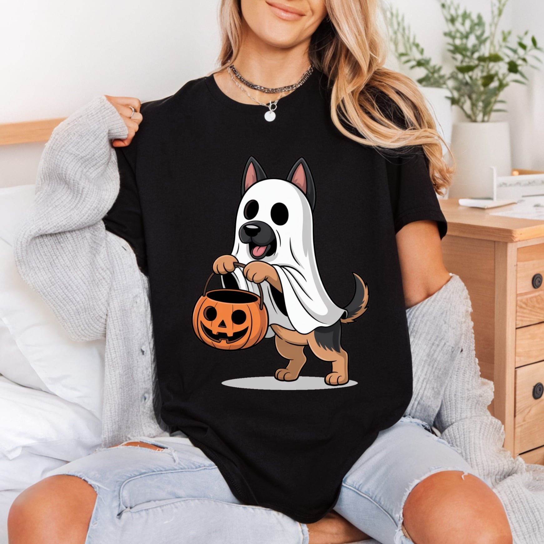 Ghost German Shepherd Halloween Halloween Autumn Ready to Press DTF Transfer for Dtf