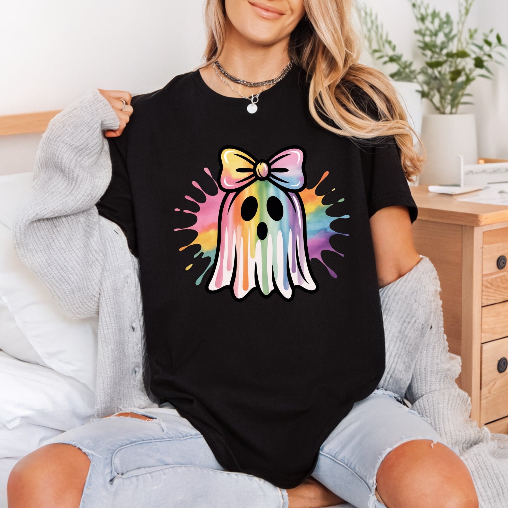 Ghost Rainbow Splatter Kawaii Halloween Funny Ready to Press DTF Transfer for Dtf