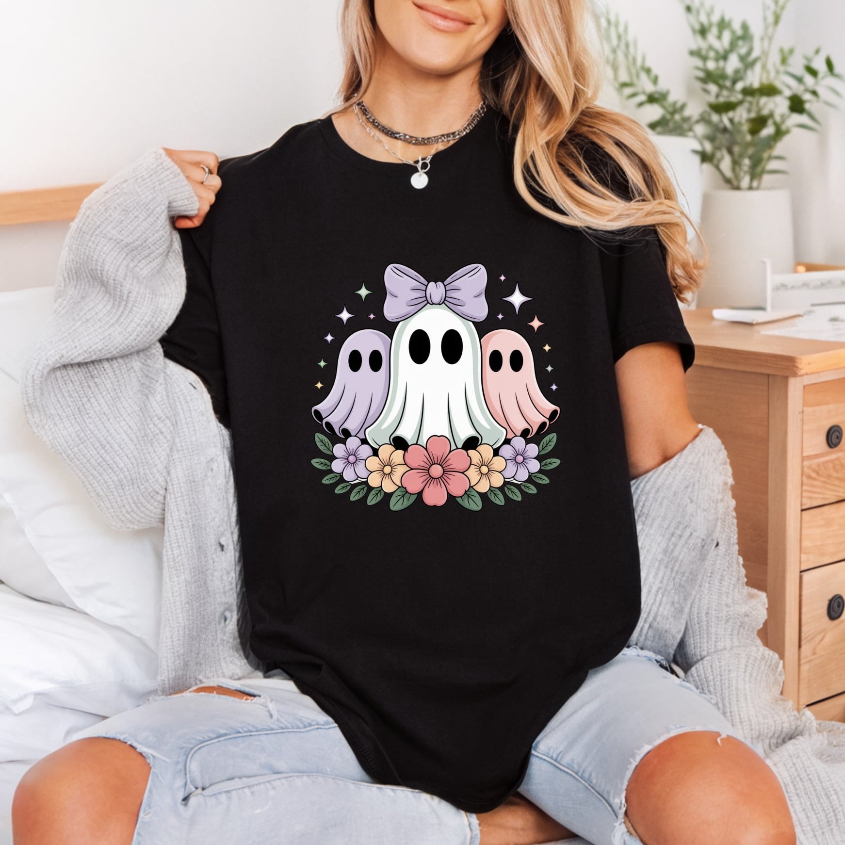 Ghost Trio Floral Wreath Halloween Aesthetic Ready to Press DTF Transfer for Dtf