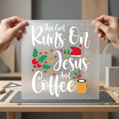 Girl Runs Jesus Coffee Christian Faith Ready to Press DTF Transfer for Dtf