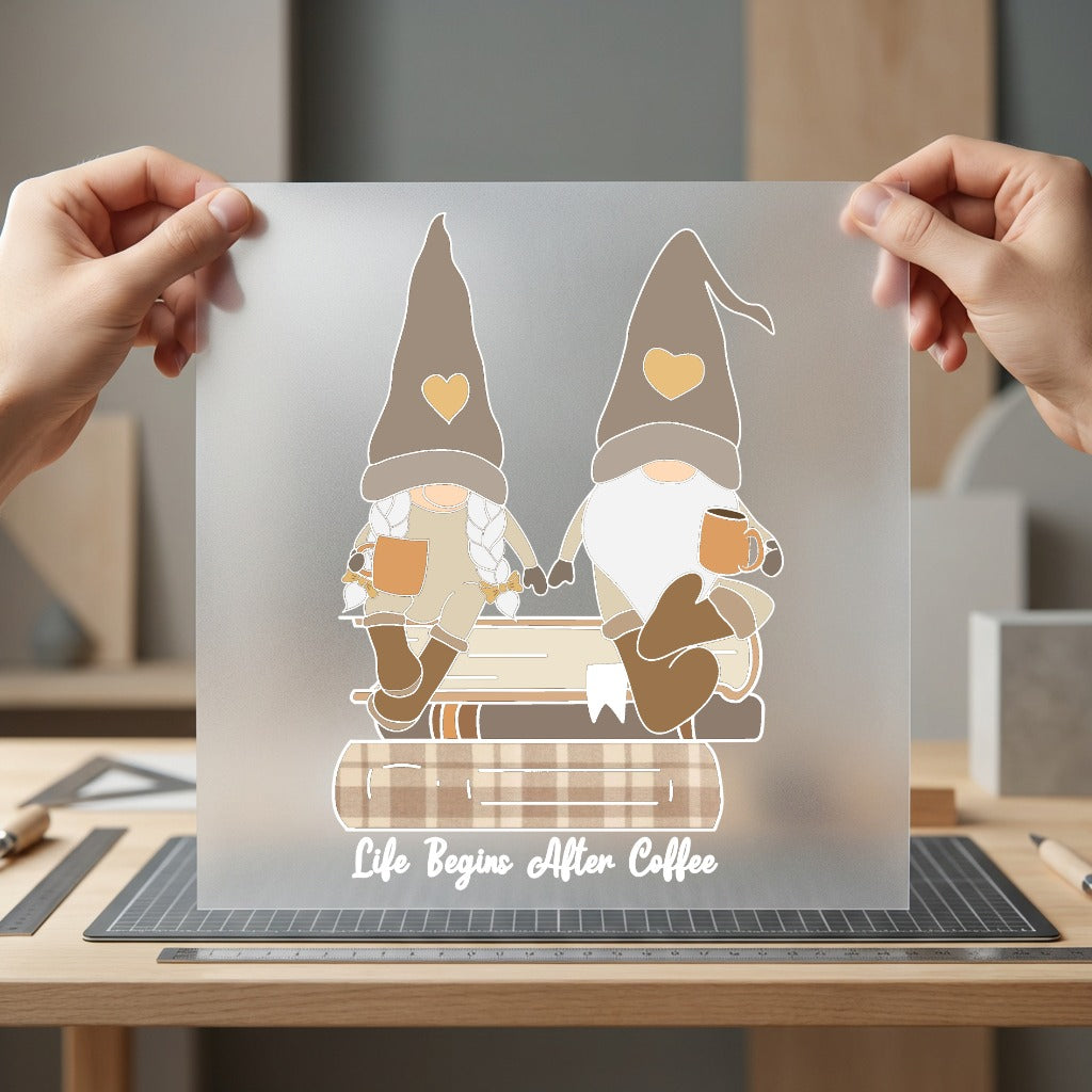 Gnome Couple Coffee Books Fall Winter Ready to Press DTF Transfer for Dtf
