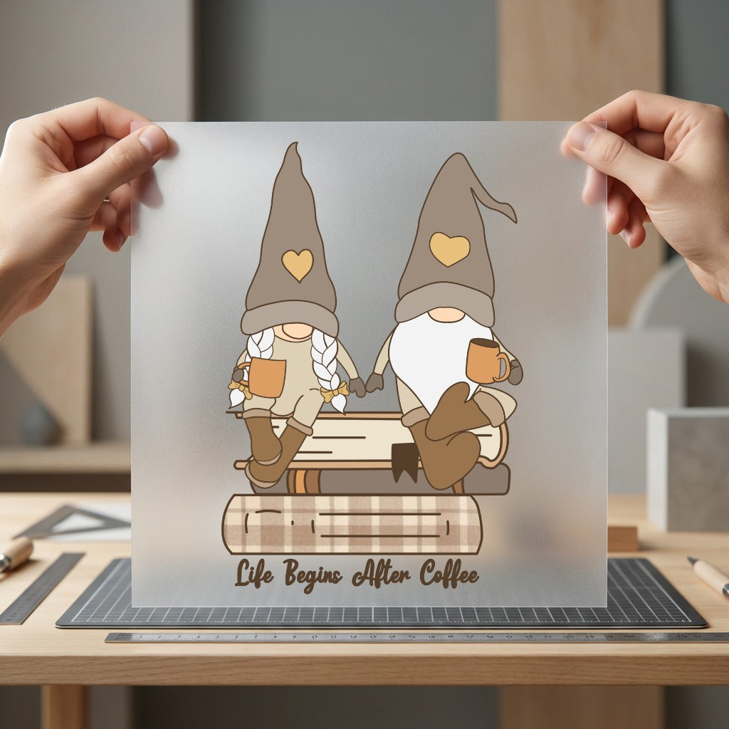 Gnome Couple Coffee Books Fall Winter Ready to Press DTF Transfer for Dtf