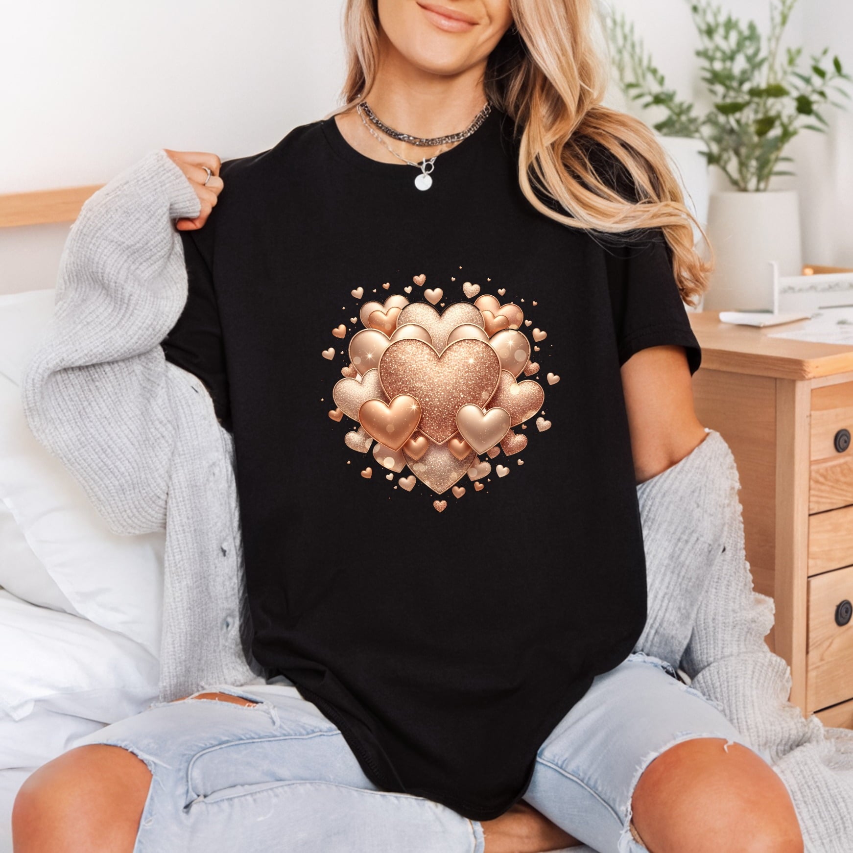 Golden Glitter Hearts Romantic Valentine Aesthetic Ready to Press DTF Transfer for Dtf